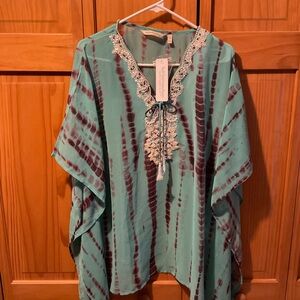 Soft Surroundings Teal and Maroon Tunic with Lace Accent